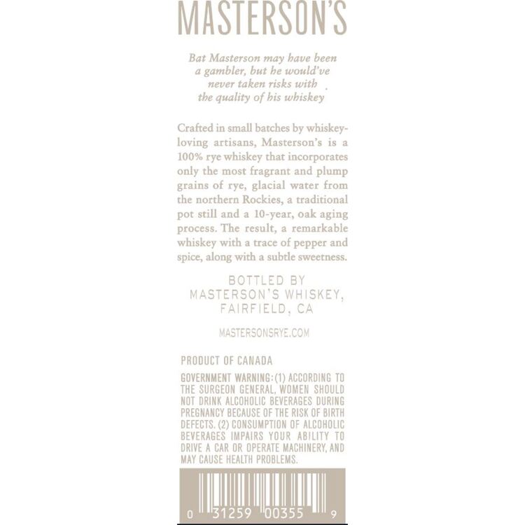 Masterson's Canadian Straight Rye Whiskey 10 Yr 90 - 750ML - Back Label