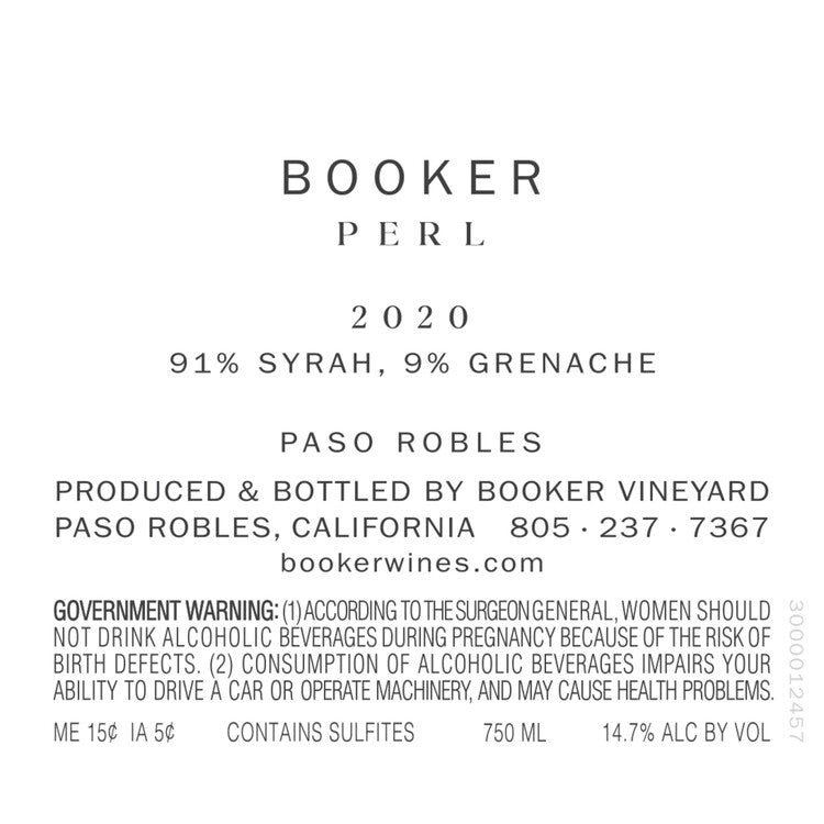 Booker Perl Paso Robles 2021 - 750ML - Back Label