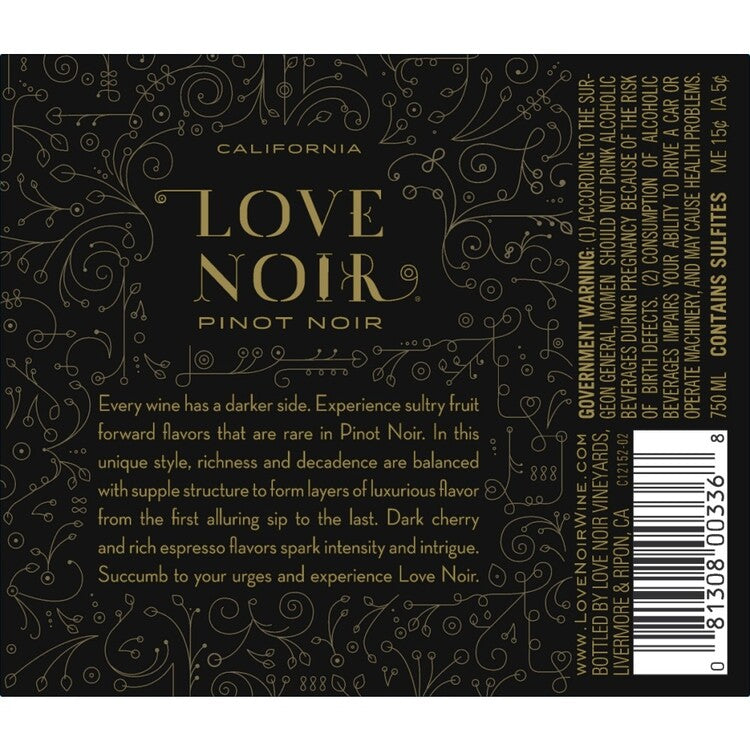Love Noir Pinot Noir California - 750ML - Back Label