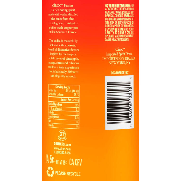 Ciroc Tropical Flavored Vodka Passion 60 - 1.75L - Back Label