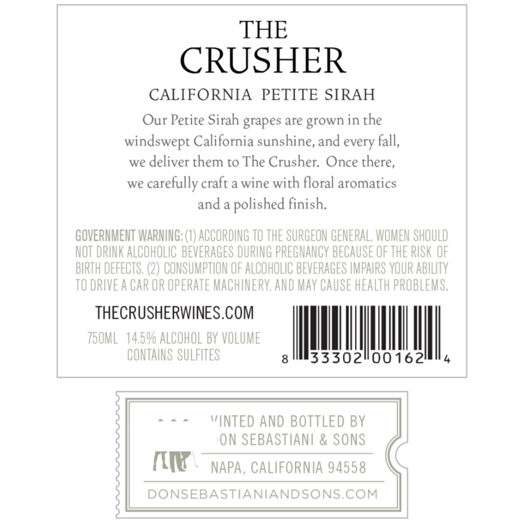 The Crusher Petite Sirah California - 19.5L - Back Label