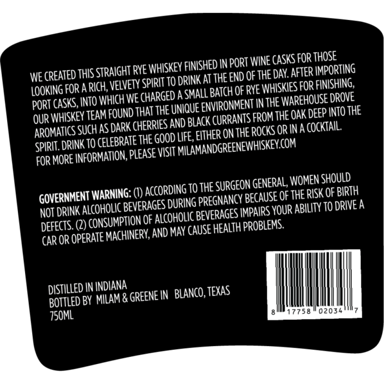 Milam & Greene Straight Rye Whiskey Finished In Port Wine Casks 94 - 750ML - Back Label