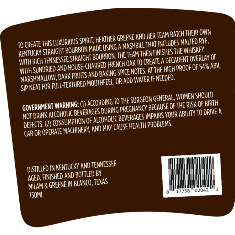 Milam & Greene Straight Bourbon Very Small Batch Finished With Charred - 750ML - Back Label