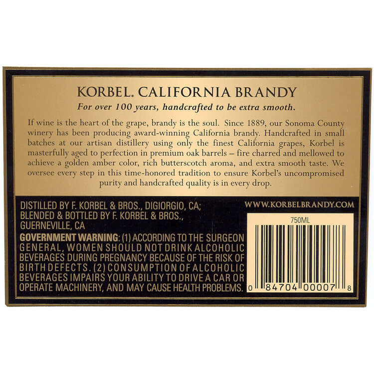 Korbel Brandy 80 - 750ML - Back Label