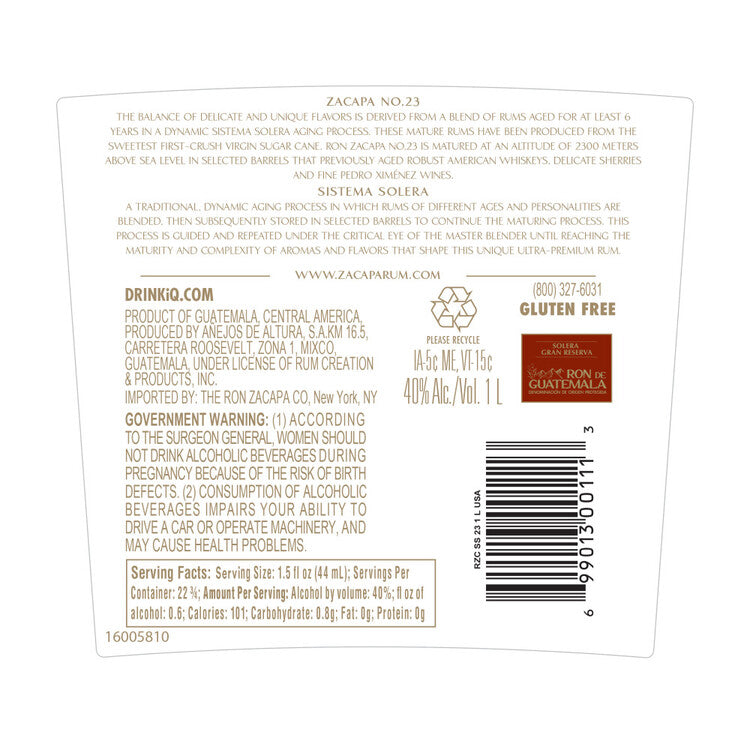 Ron Zacapa Gold Rum No. 23 Solera Gran Reserva 80 - 1.0L - Back Label