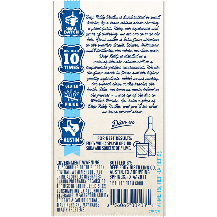 Deep Eddy Vodka 80 - 750ML - Back Label