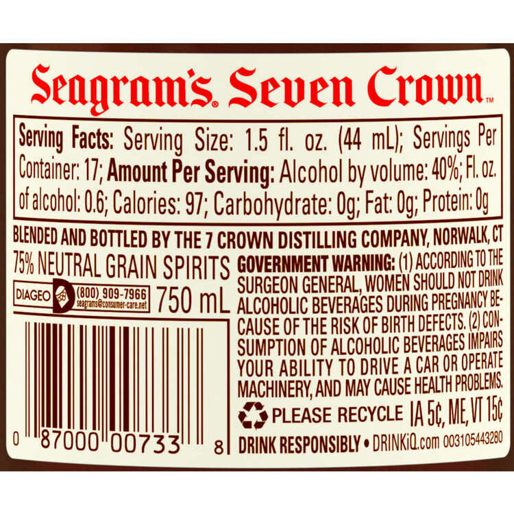 Seagram's Blended American Whiskey 7 Crown 80 - 750ML - Back Label