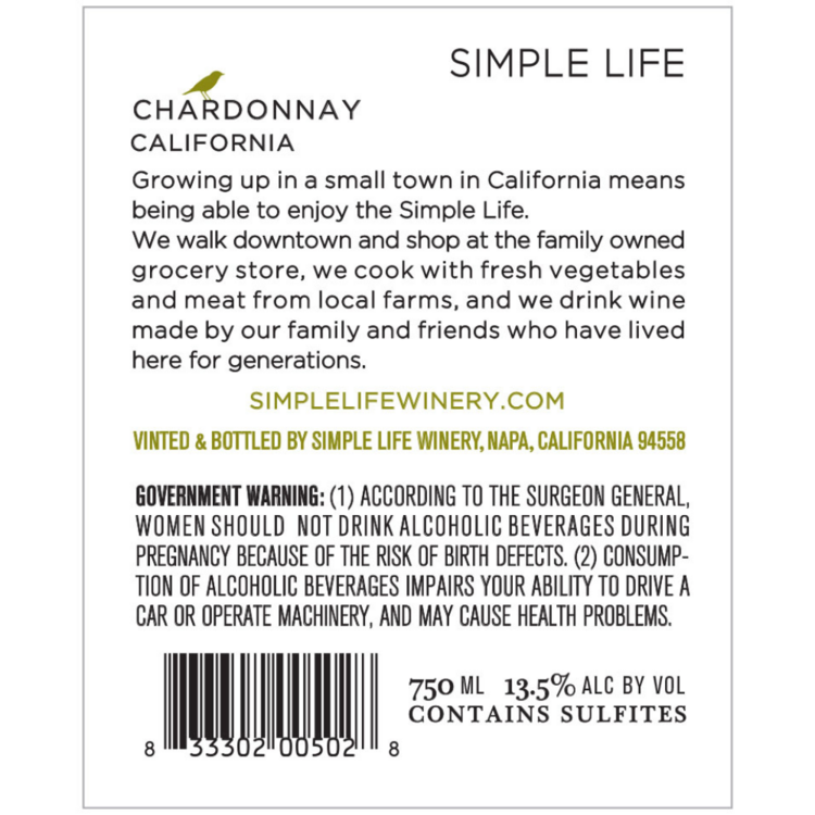 Simple Life Chardonnay California - 750ML - Back Label