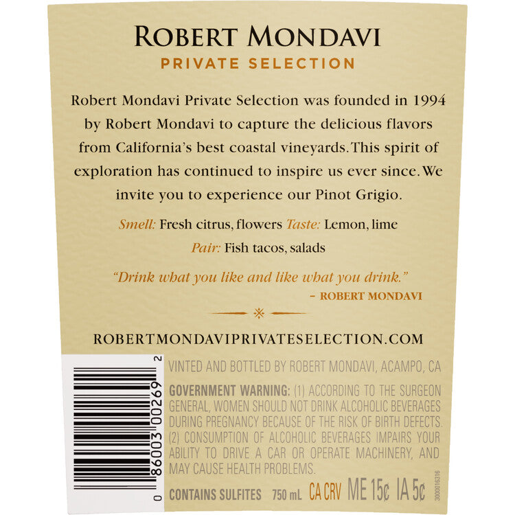 Robert Mondavi Private Selection Pinot Grigio California - 750ML - Back Label