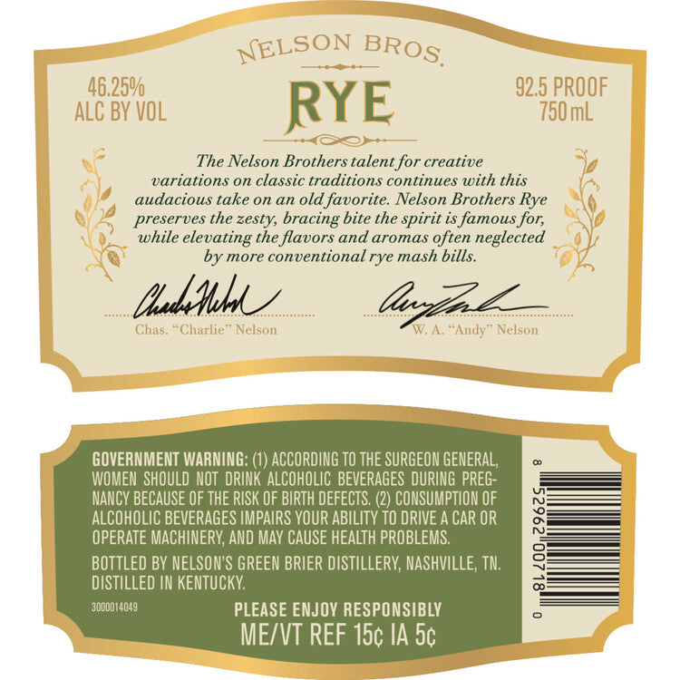 Nelson Bros Straight Rye Whiskey 92.5 - 750ML - Back Label