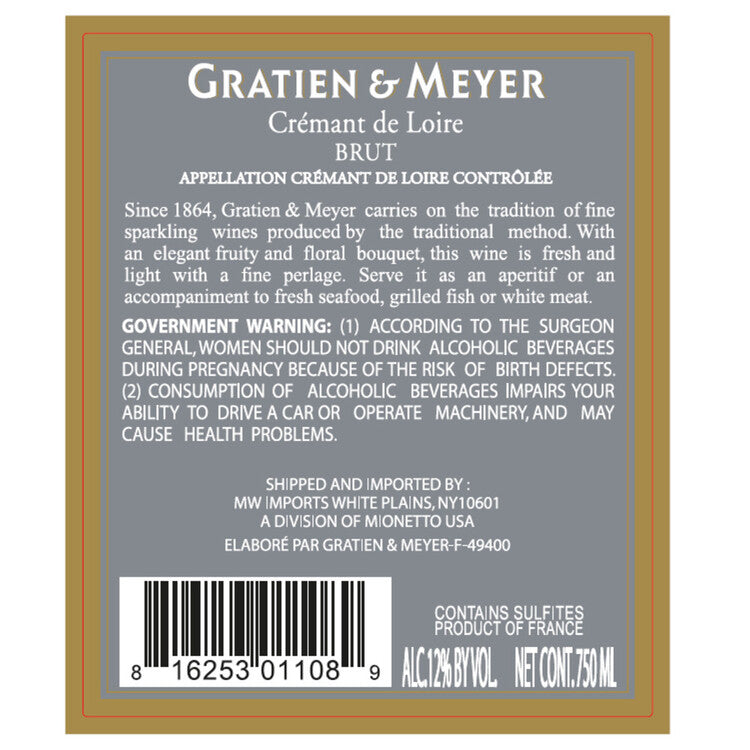 Gratien & Meyer Cremant De Loire Brut - 750ML - Back Label