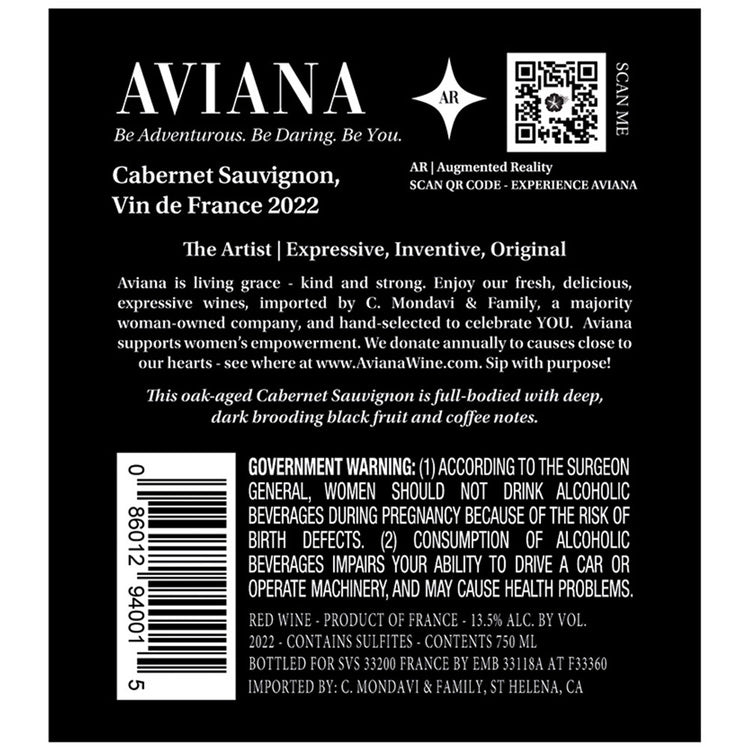 Aviana Cabernet Sauvignon France 2022 - 750ML - Back Label