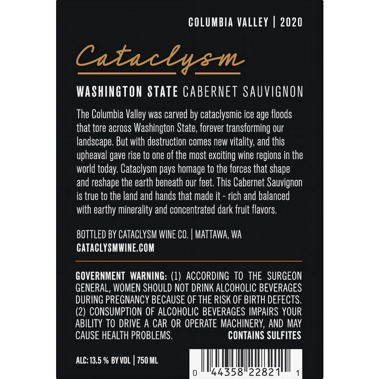 Cataclysm Cabernet Sauvignon Columbia Valley 2020 - 750ML - Back Label