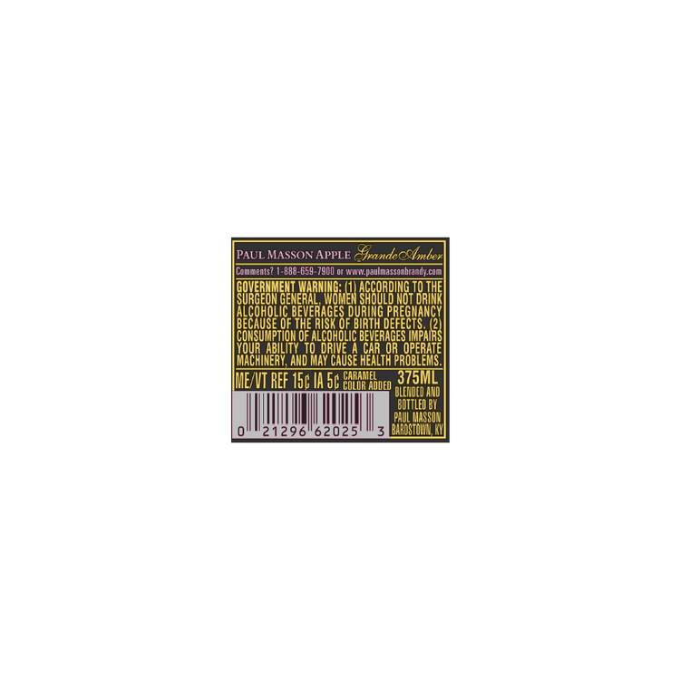 Paul Masson Apple Flavored Brandy Grande Amber 54 - 375ML - Back Label