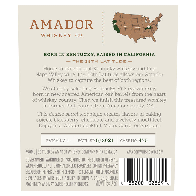 Amador Whiskey Co. Rye Whiskey Double Barrel Port Barrel Finished 92 - 750ML