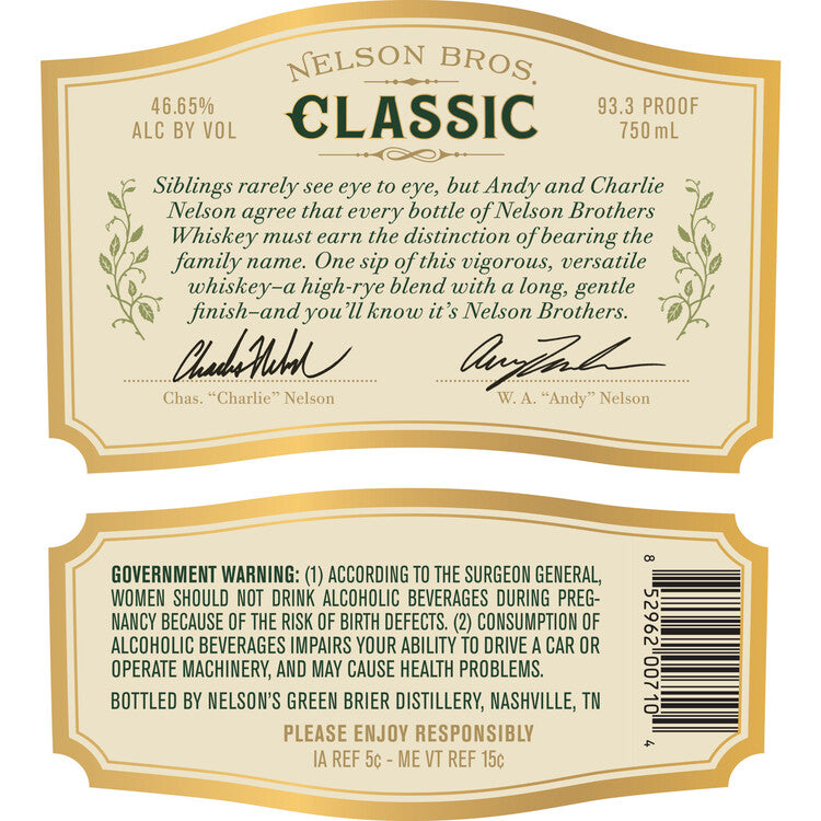 Nelson Bros Blended Bourbon Classic 93.3 - 750ML - Back Label