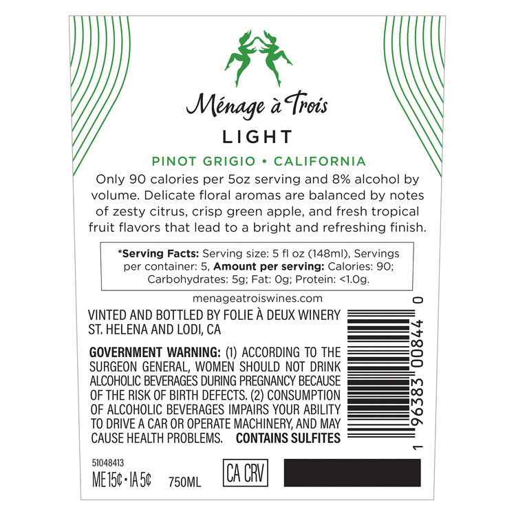 Menage A Trois Pinot Grigio Light California - 750ML - Back Label