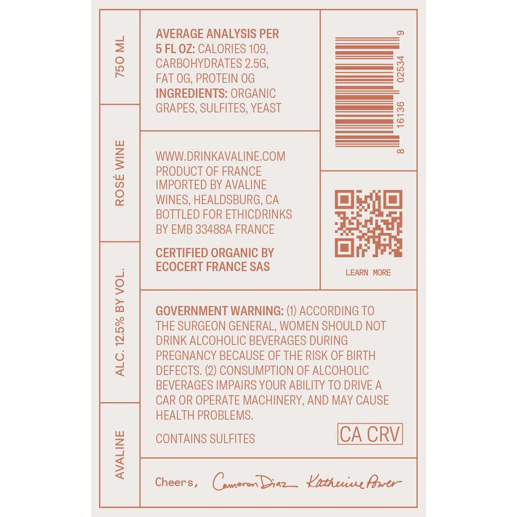 Avaline Rose Wine France Made With Organic Grapes - 750ML