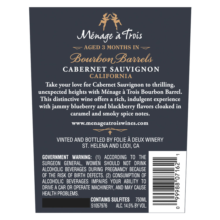Menage A Trois Cabernet Sauvignon Aged 3 Months In Bourbon Barrels Lim - 750ML
