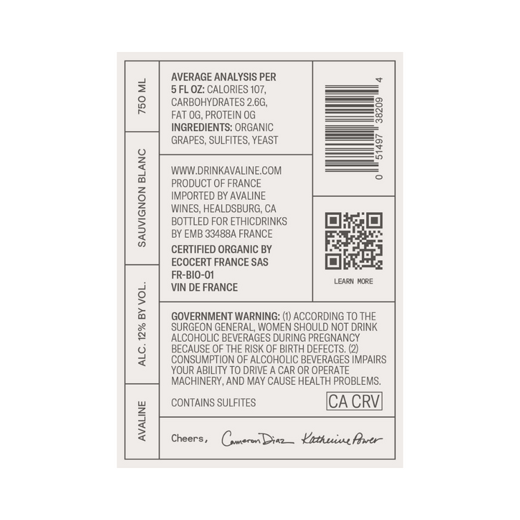 Avaline Sauvignon Blanc France Made With Organic Grapes - 750ML - Back Label
