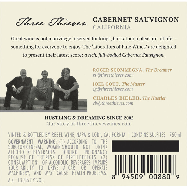 Three Thieves Cabernet Sauvignon California - 750ML - Back Label