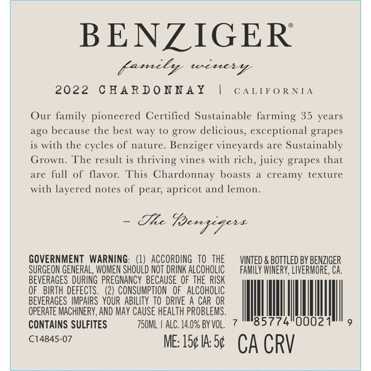 Benziger Family Winery Chardonnay California - 750ML