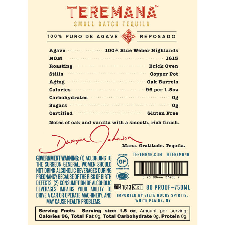 Teremana Tequila Reposado Small Batch 80 - 750ML - Back Label