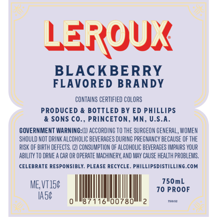 Leroux Blackberry Flavored Brandy 70 - 750ML - Back Label