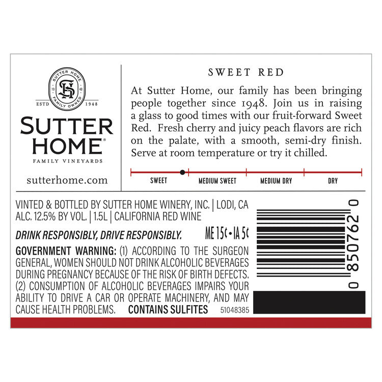 Sutter Home Sweet Red California - 1.5L - Back Label