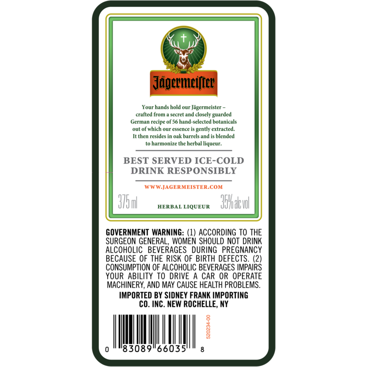 Jagermeister Herbal Liqueur 70 - 375ML - Back Label