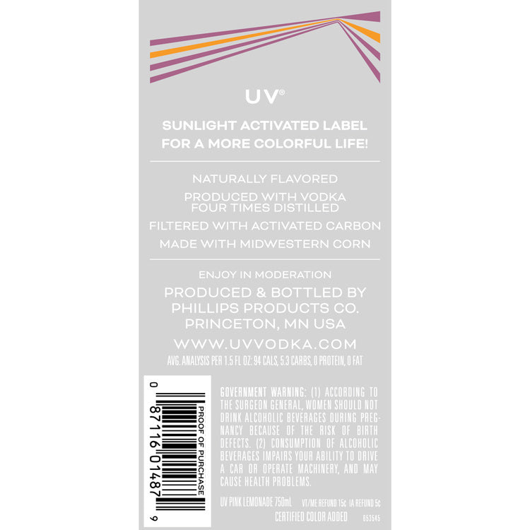 Uv Pink Lemonade Flavored Vodka 60 - 750ML - Back Label