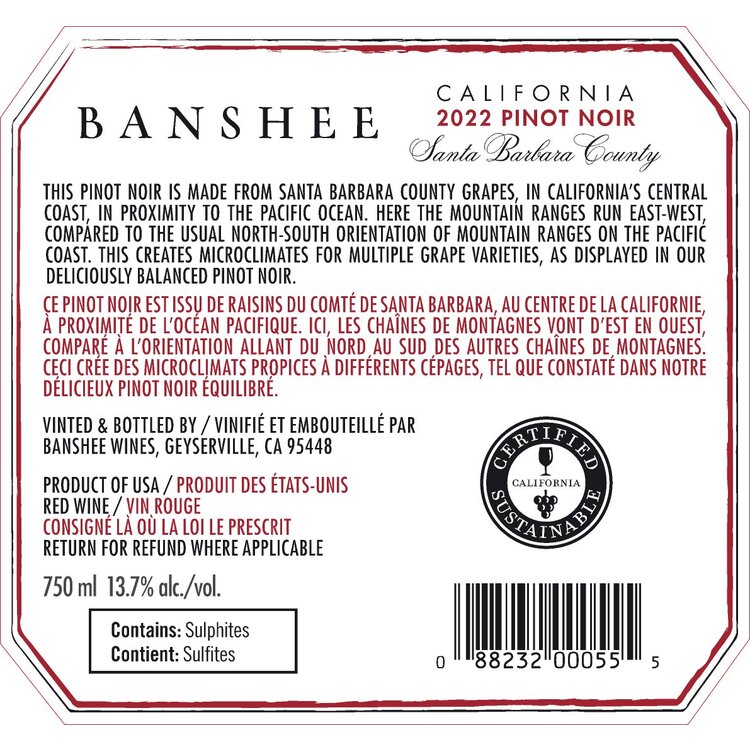 Banshee Pinot Noir Santa Barbara County 2022 - 750ML - Back Label