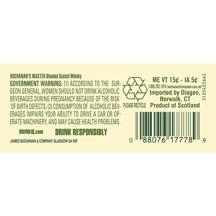 Buchanan's Blended Scotch Master 80 - 750ML - Back Label