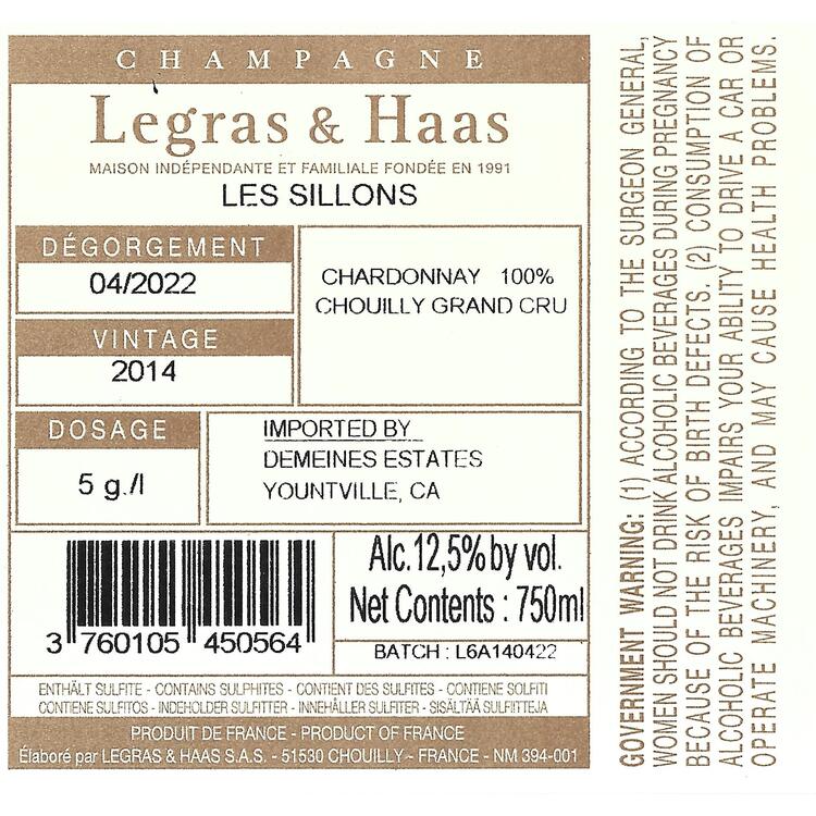 Legras & Haas Champagne Les Sillons Grand Cru 2014 - 750ML
