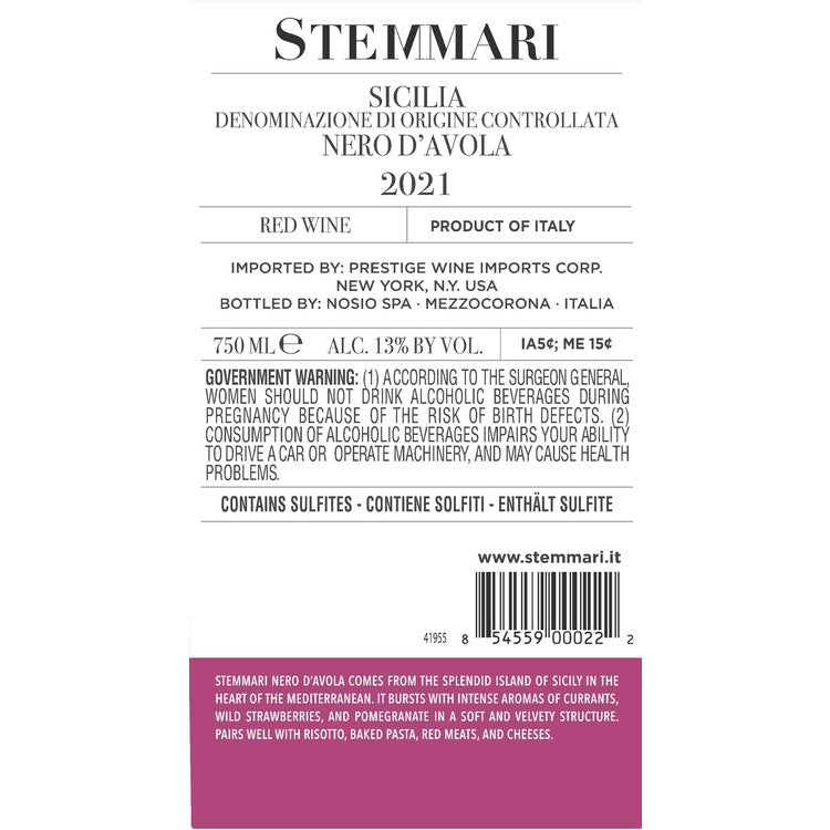 Stemmari Nero D'Avola Sicilia - 750ML - Back Label