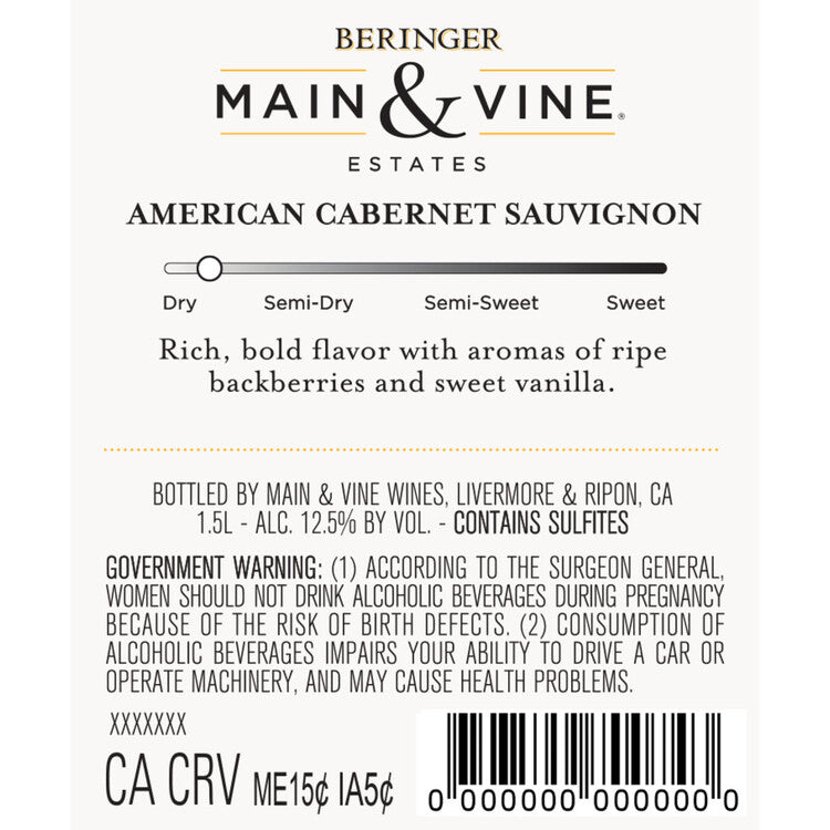 Beringer Main & Vine Cabernet Sauvignon California - 1.5L - Back Label