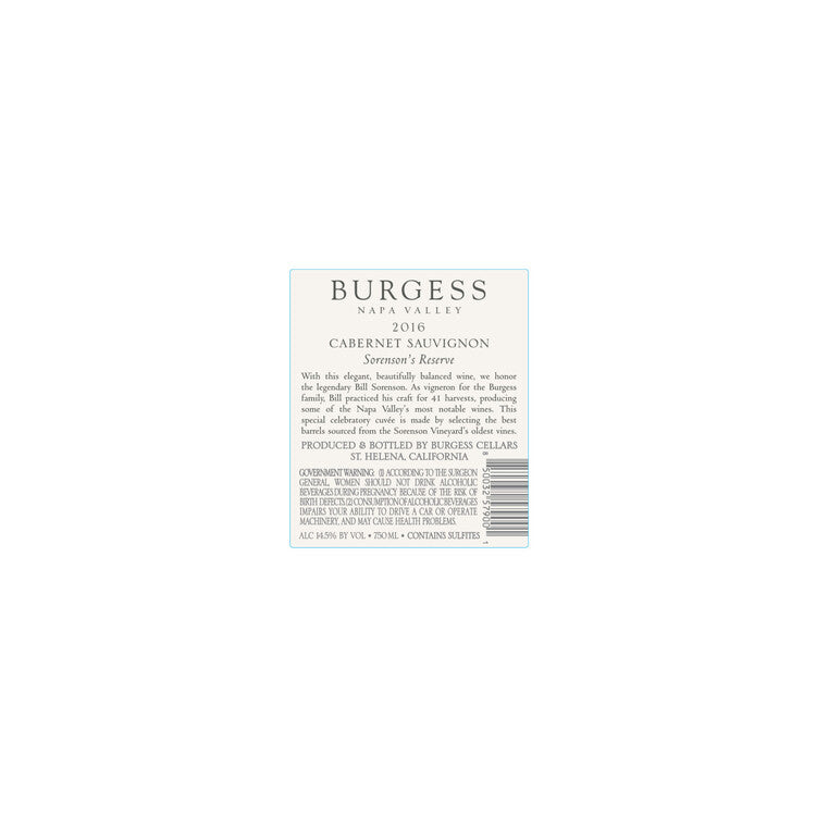 Burgess Cabernet Sauvignon Sorensons Reserve Napa Valley 2016 - 750ML