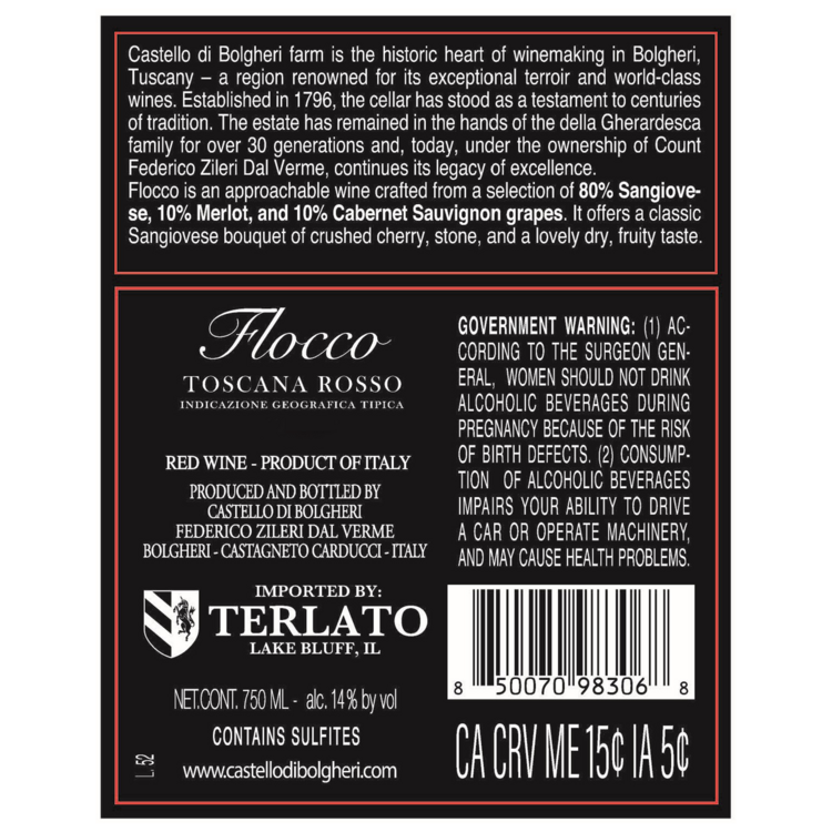 Castello Di Bolgheri Toscana Rosso Flocco 2022 - 750ML - Back Label