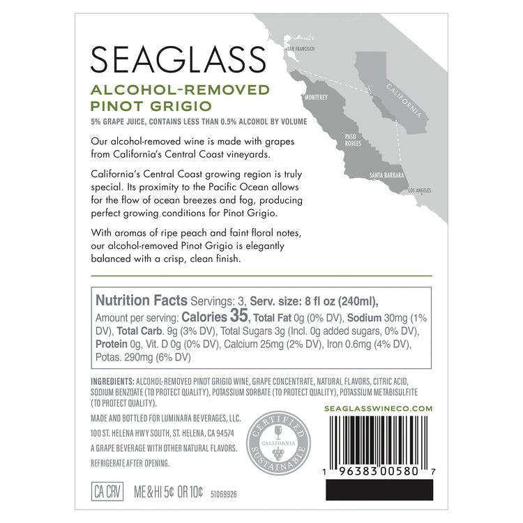 Seaglass Sauvignon Blanc Alcohol Removed Monterey County - 750ML - Back Label
