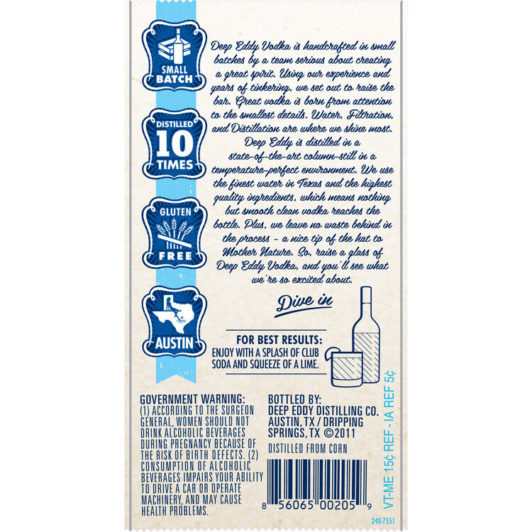 Deep Eddy Vodka 80 - 1.75L - Back Label