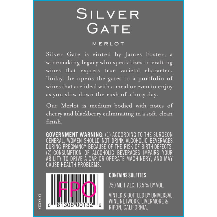 Silver Gate Vineyards Merlot California - 750ML - Back Label