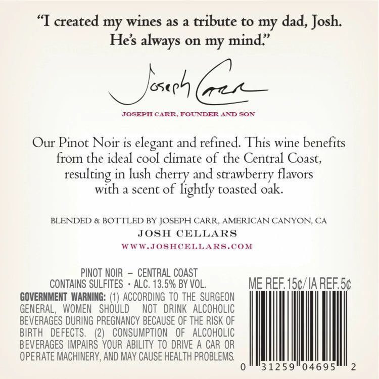 Josh Cellars Pinot Noir California - 750ML - Back Label
