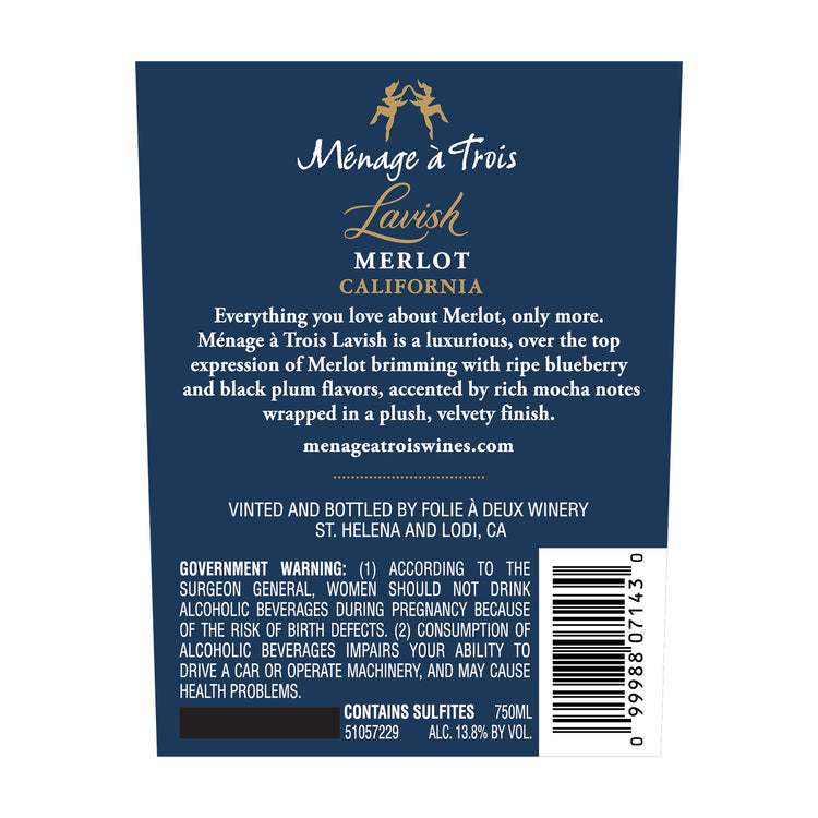 Menage A Trois Merlot Lavish California - 750ML - Back Label