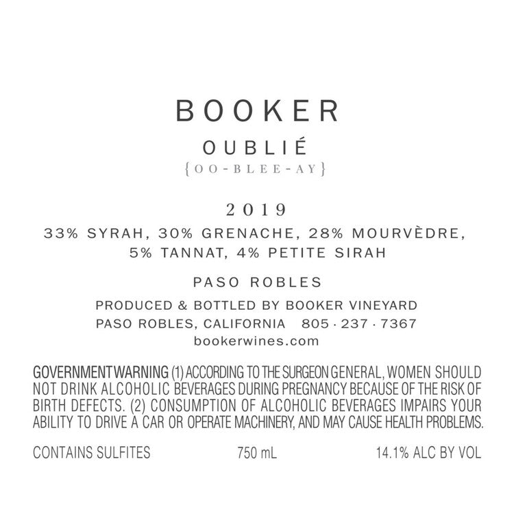 Booker Oublie Aged 18 Months In French Oak Barrels Paso Robles 2020 - 750ML