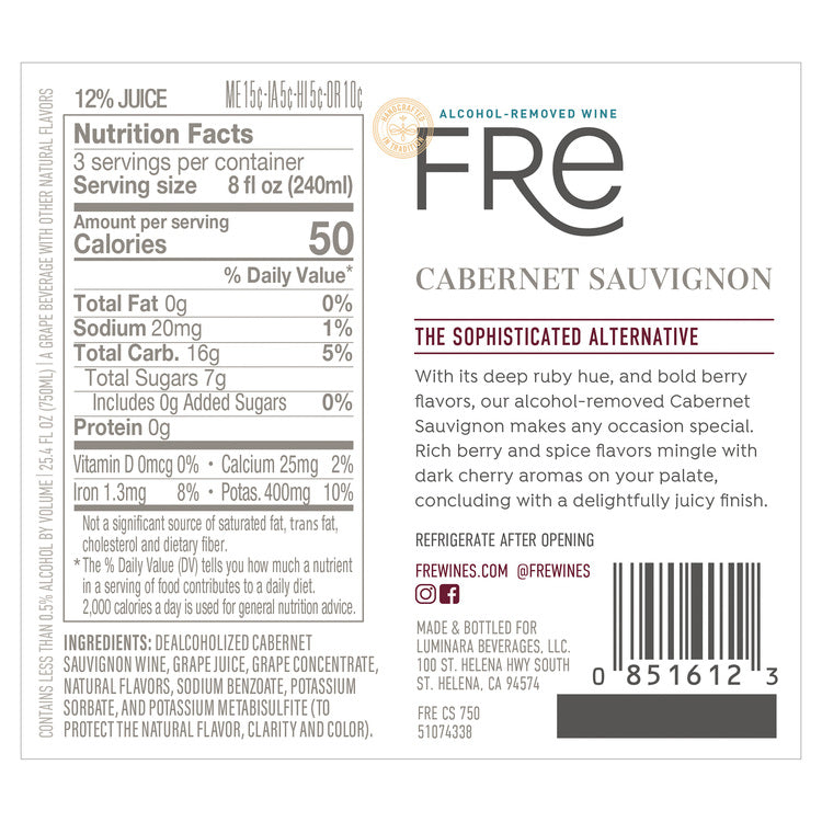 Fre Cabernet Sauvignon Alcohol Removed - 750ML - Back Label