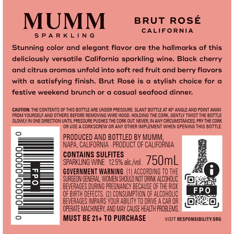 Mumm Sparkling Brut Rose California - 750ML - Back Label