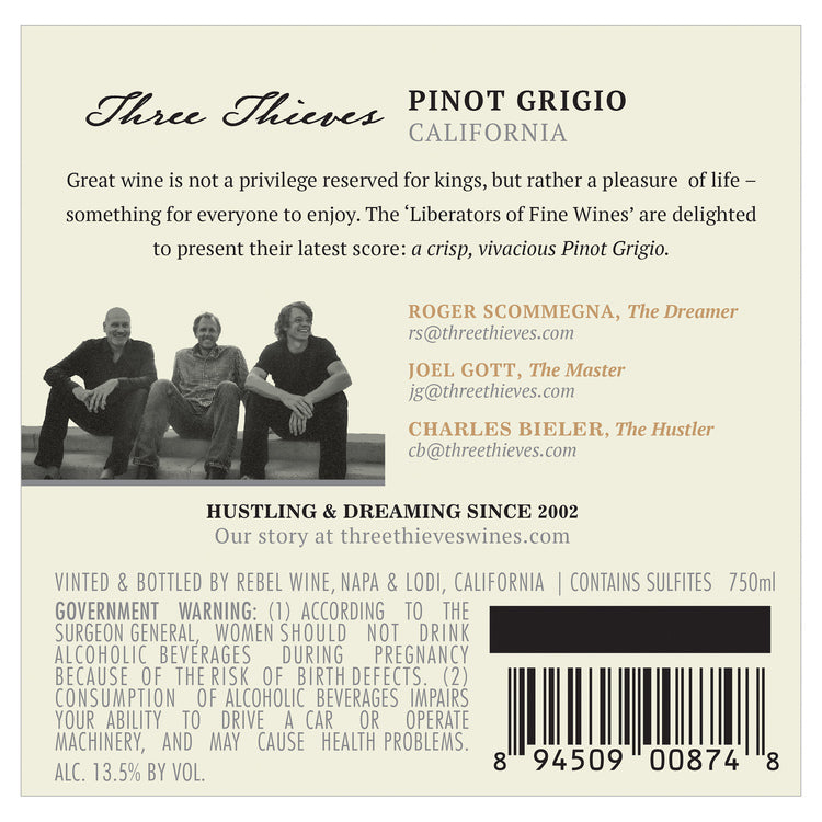 Three Thieves Pinot Grigio California - 750ML - Back Label