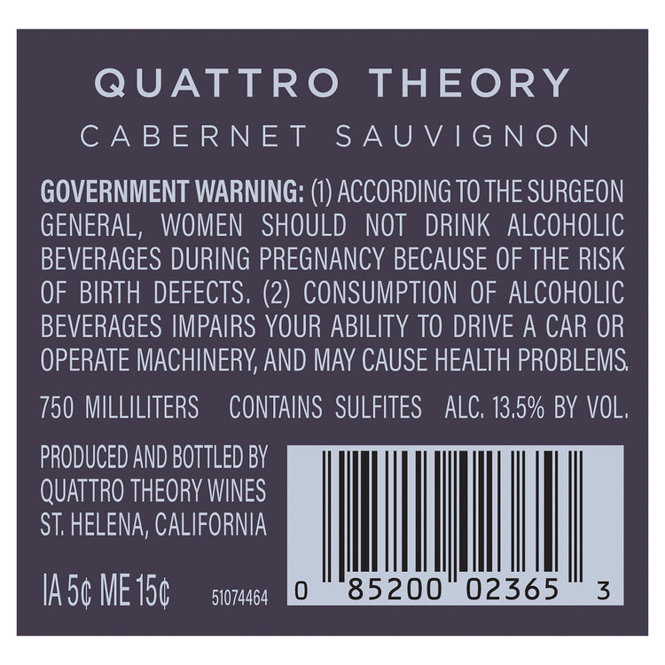 Quattro Theory Cabernet Sauvignon Napa Valley 2022 - 750ML - Back Label