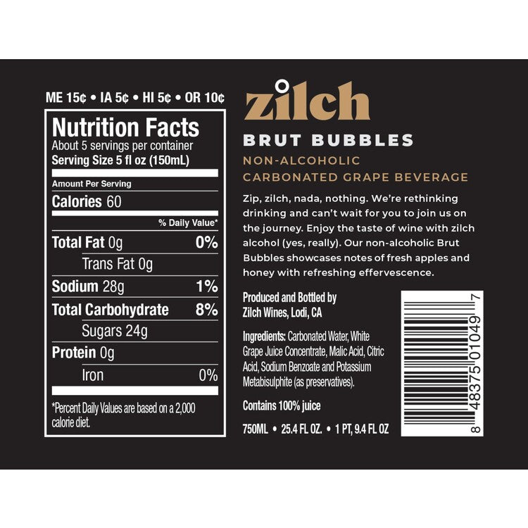Zilch Sparkling White California Non Alcoholic - 750ML - Back Label