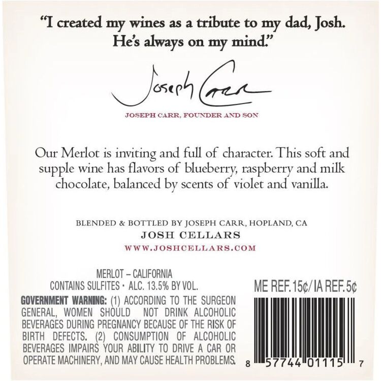 Josh Cellars Merlot California - 750ML - Back Label